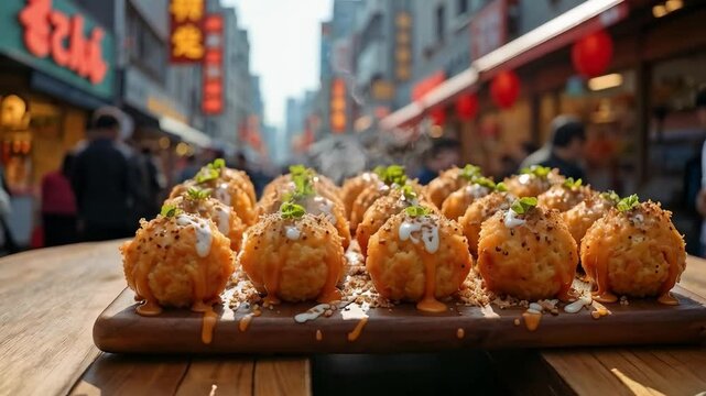 Bolas de arroz crujientes con salsa en calle de mercado asi&aacute;tico