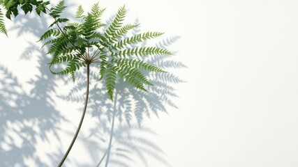Obraz premium A large leafy fern casts a intricate shadow on a crisp white wall as the sun shines through its dense foliage, fern, shadows, leaf cast