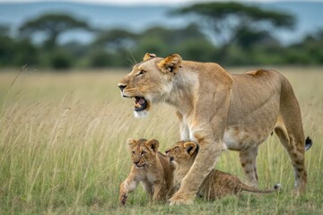 A lioness protecting her cubs from potential danger with a fierce stance, lioness protection, cubs safety, predator defense, savannah animals