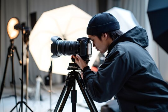 Photographer framing shot with professional camera on tripod in studio