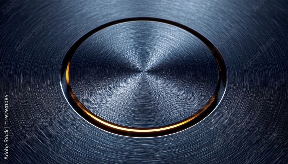 Poster detailed view of a metallic surface featuring concentric patterns and a glowing circular edge