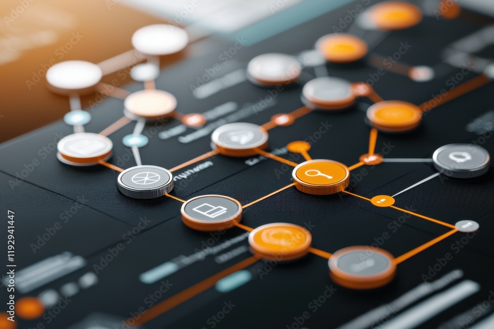 Poster a digital interface featuring interconnected nodes and pathways, highlighted with orange and gray el