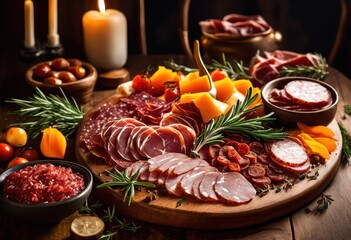 delicious savory meat platter featuring vibrant colorful gourmet charcuterie inviting culinary experience, appetizers, arrangement, aroma, bite, cooking
