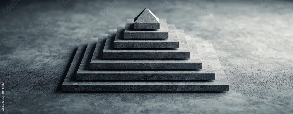 Poster a minimalist pyramid structure made of stacked layers on a smooth surface, conveying a sense of dept