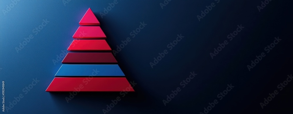 Poster a modern, abstract pyramid design featuring layers of red and blue against a dark background, creati