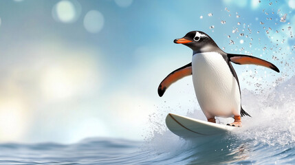 Fototapeta premium Cheerful Penguin Surfing on Waves at Sunny Beach