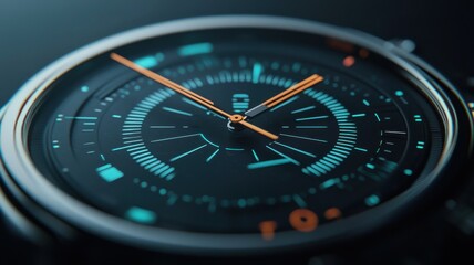 A close-up of a modern watch with a sleek black dial, glowing blue accents, and orange hands, showcasing its intricate design and functionality.