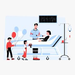 Family visiting a female patient in a hospital bed in flat vector illustration symbolizing family support, recovery, and hospital care, isolated on white background.