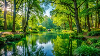 Obraz premium A lush green forest with tall trees and vibrant foliage surrounding a serene pond, foliage, landscape, wilderness, flora, forest