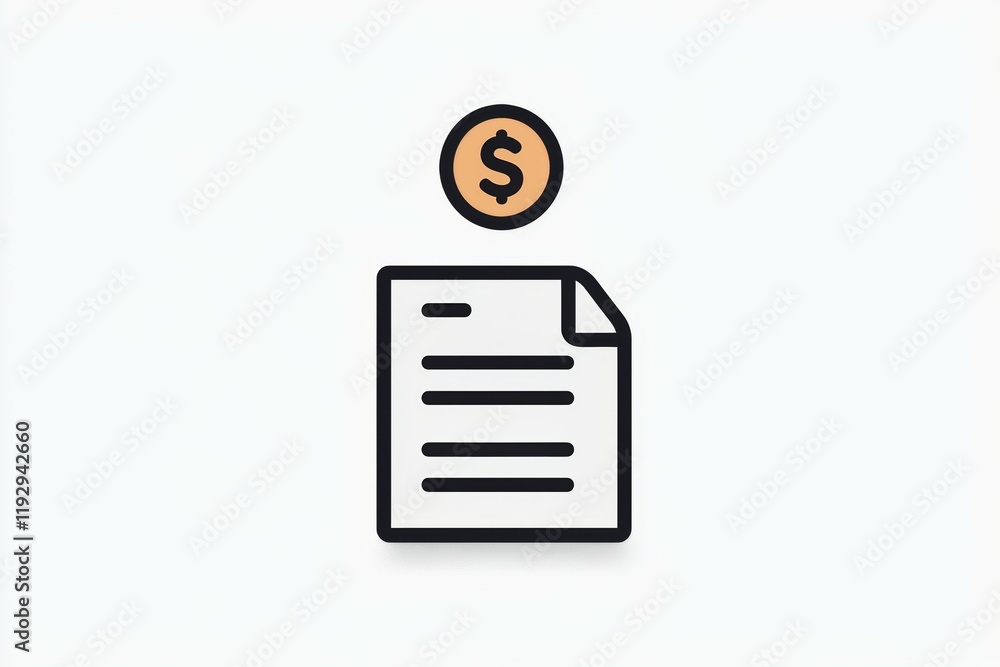 Poster minimalistic icon of a document with a dollar coin symbolizing finance and transactions