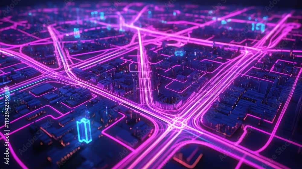 Poster futuristic city map with glowing neon pathways and buildings in a grid layout