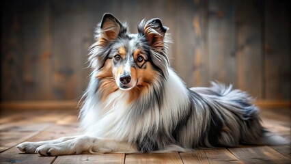 Naklejka premium Striking blue merle Sheltie poses elegantly on a rich wood floor; captivating dog photography.