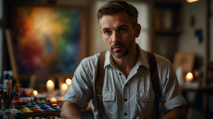 Obraz premium Focused Artist in a Creative Studio, Posing for a Portrait