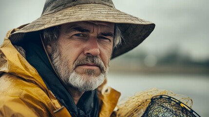Fototapeta premium Fisherman in yellow rain gear gazes intently at the water during an overcast day by the riverbank