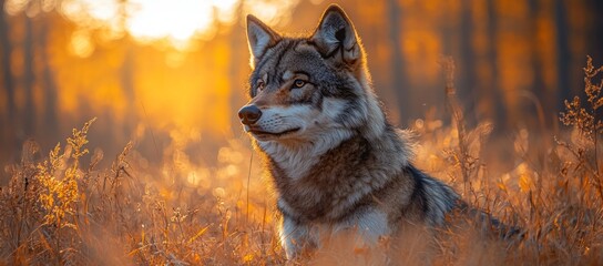 Majestic wolf at sunset in autumn forest. Wildlife photography