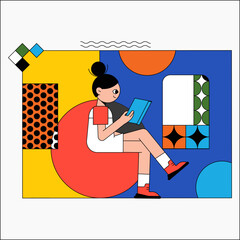 Girl sitting on a chair reading a book in flat vector illustration symbolizing learning, education, and literature, isolated on white background.