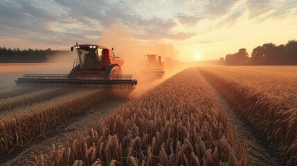 Fototapeta premium Golden Sunset Harvest: Two Tractors Working in Wheat Field with Dust Clouds, Agricultural Landscape in Evening Light, Rural Farming Machinery in Action
