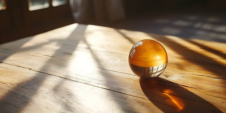 Close-up of a spinning globe on a wooden table with soft sunlight. - Powered by Adobe