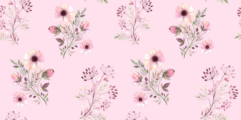 Seamless watercolor pattern with graceful wildflowers and leaves in delicate pink and burgundy tones. Hand drawn, ideal for textiles, packaging, wedding decor and stationery.