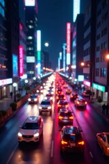 Vehicular traffic moves along crowded street amidst vibrant neon lights and blurred cityscape at night, , nyc, busy street