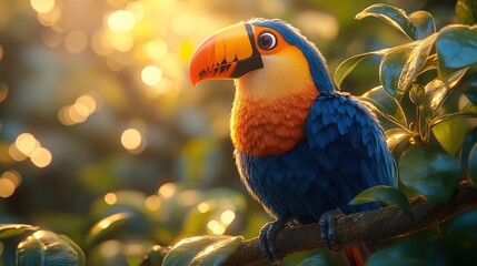 Colorful toucan perched on branch at sunset.