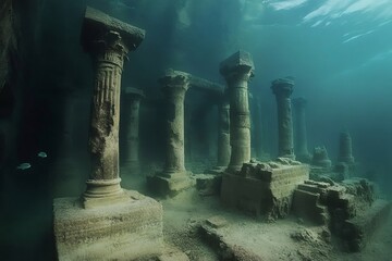 Ancient submerged ruins of a roman temple underwater