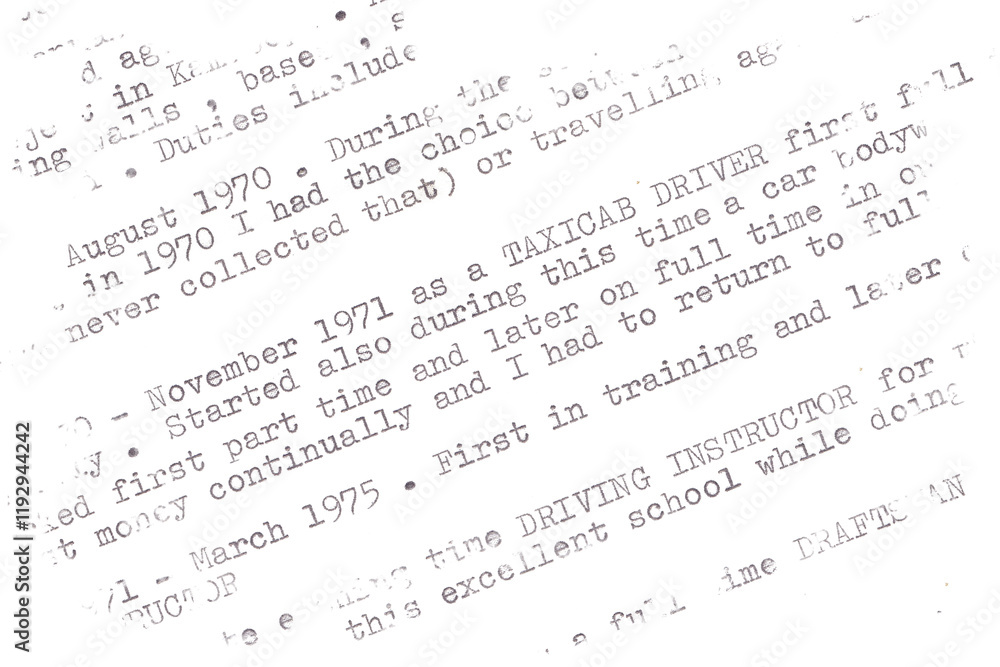 Fototapete semi-readable resume of a man who took all kinds of jobs to survive in the vancouver area in the 197