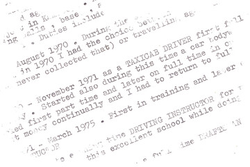 Semi-readable  resume of a man who took all kinds of jobs to survive in the Vancouver area in the 1970s. Meant as a slanted typescript background