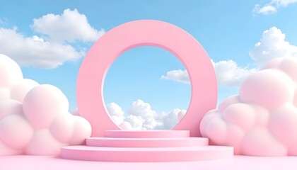 Pink Pastel Cloudscape: Dreamy Circular Stage with Steps