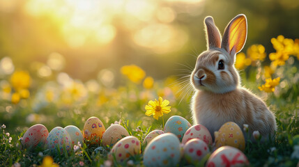 Adorable Easter bunny with colorful eggs. Spring meadow, sunset light. Festive holiday celebration, cute rabbit.