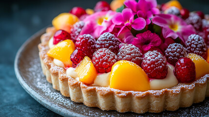 Delicious fruit tart with fresh berries and edible flowers. Pastry dessert, summer sweetness baked confection.