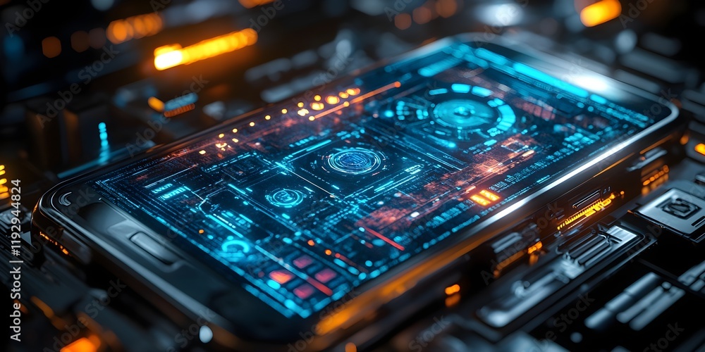 Poster close-up of a smartphone displaying a holographic interface with futuristic visuals.