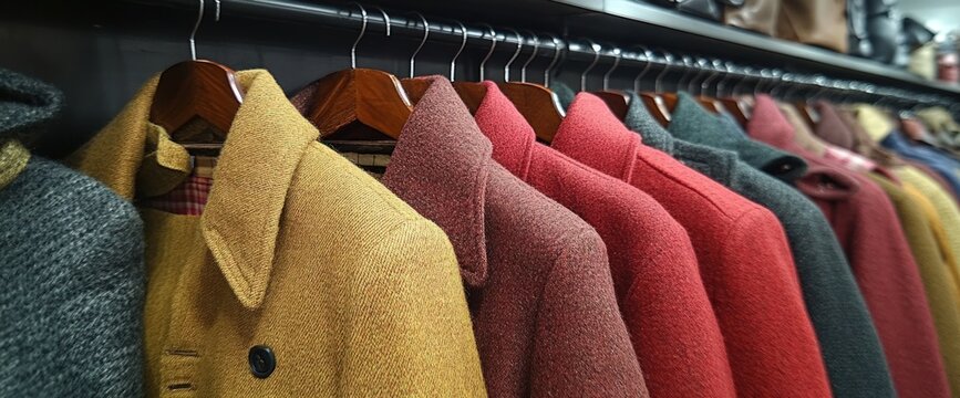 Colorful wool coats hanging on wooden hangers in a retail store.