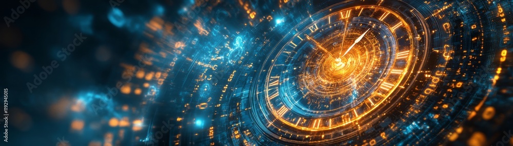 Poster a mesmerizing clock face surrounded by glowing elements depicts the flow of time