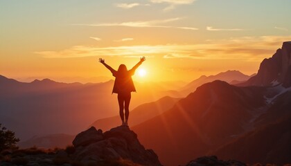 Silhouette of a woman celebrating at sunrise on a mountaintop