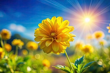 Obraz premium Sunlit yellow flower macro, tilt-shift effect, blue bokeh sky; a vibrant nature wallpaper.