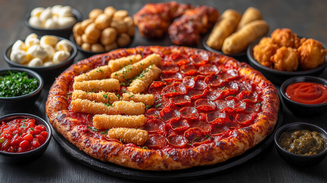 Pizza party feast with snacks and dips. Pepperoni pizza mozzarella sticks chicken. Game day food, junk food buffet.