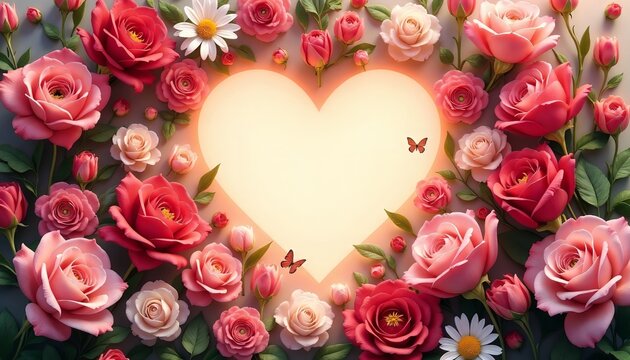 Heart bloom garden with vibrant roses and daisies on a soft background with text area