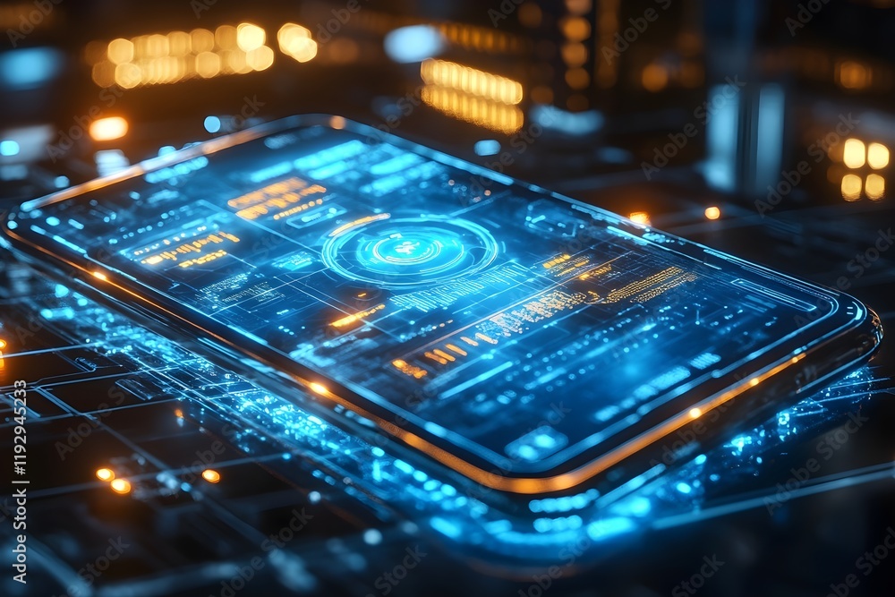 Aufkleber close-up of a smartphone displaying a holographic interface with futuristic visuals.