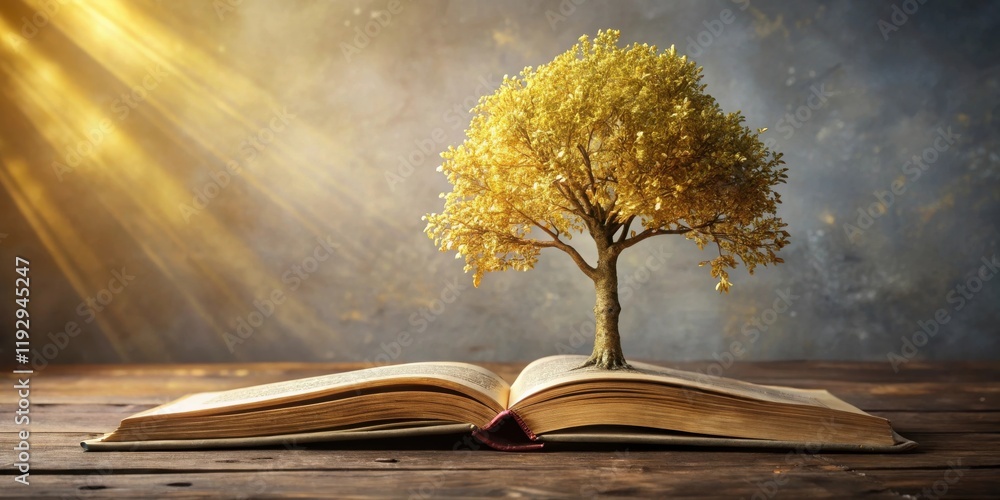 Poster golden tree of knowledge growing from open book illuminated by divine light