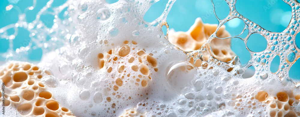 Poster bubbles and foam create abstract background with blue hue, showcasing intricate patterns and texture