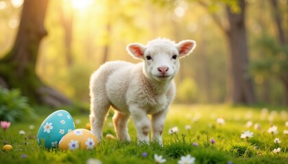 Fototapeta premium Cute lamb standing near decorated Easter eggs in a sunny spring meadow