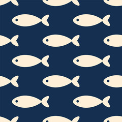 Fishes simple vector seamless pattern. Ivory minimalist stylized drawings on dark blue background.