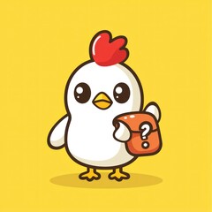 Obraz premium Cute chick holding mystery box, yellow background, digital illustration, kids app