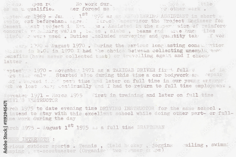 Fototapete semi-readable resume of a man who took all kinds of jobs to survive in the vancouver area in the 197