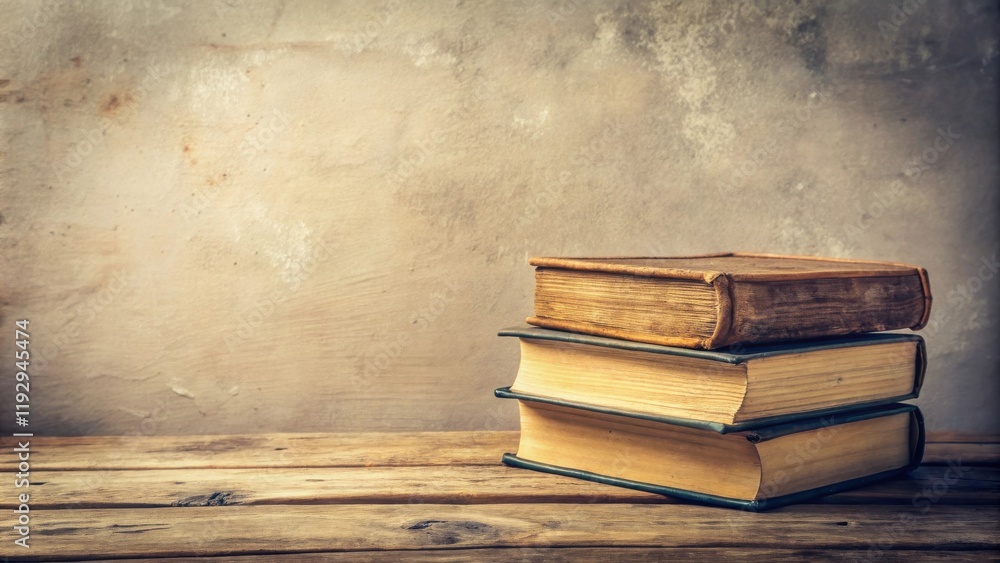 Poster a stack of aged books rests on a rustic wooden table against a weathered wall