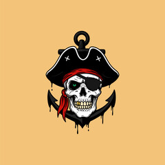 A stylized illustration of a pirate skull wearing a tricorn hat and eye patch, positioned over a dripping anchor.