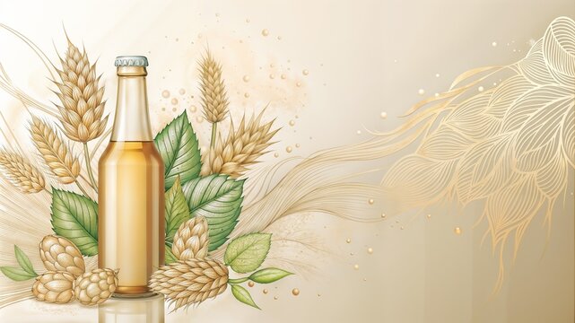 Brewery invitation card with beer bottle and hops on beige background, copy space