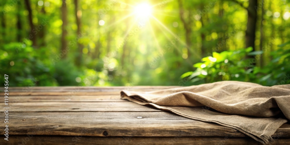 Poster rustic wooden table with a linen cloth, set against a blurred background of a sunlit forest.
