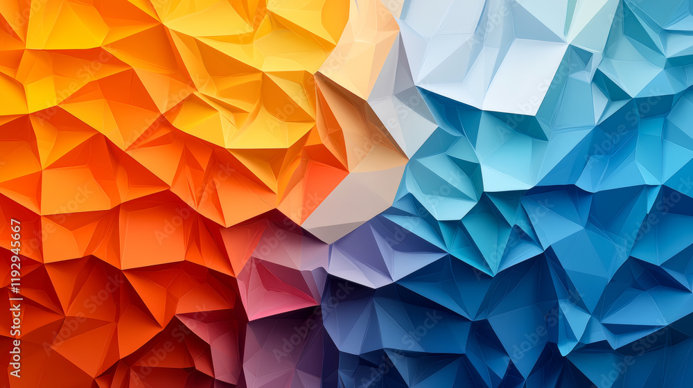 Poster colorful polygonal background with vibrant orange, blue, and purple hues, featuring dynamic arrangem